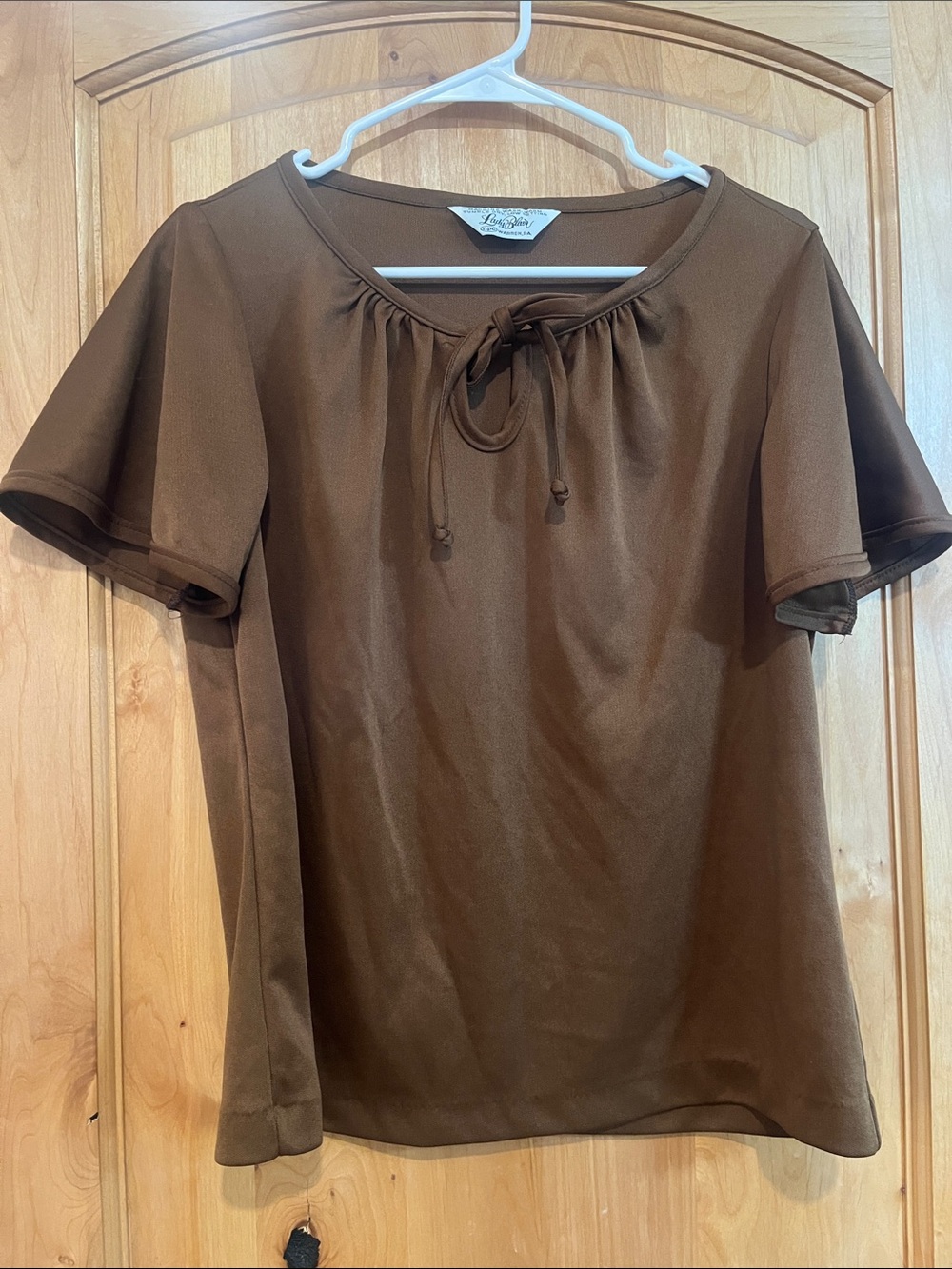 Vintage Brown Tie-Neck Short Sleeve Top